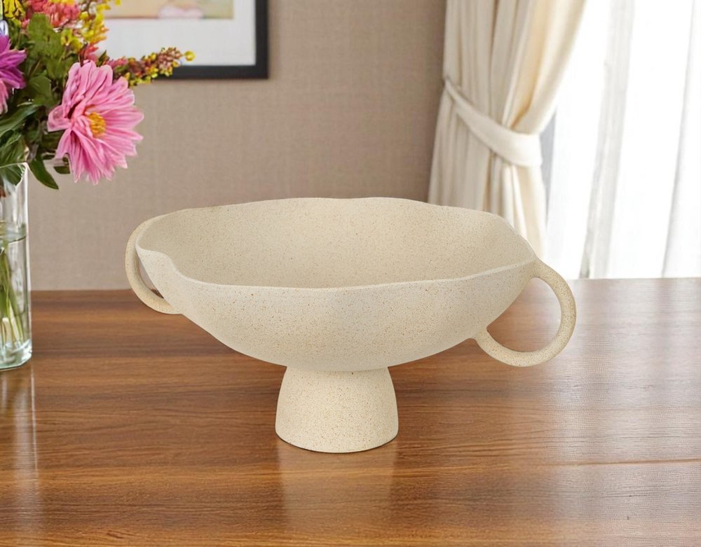 16" Beige Cast Aluminum Round Pedestal Centerpiece Bowl With Handles HomeRoots