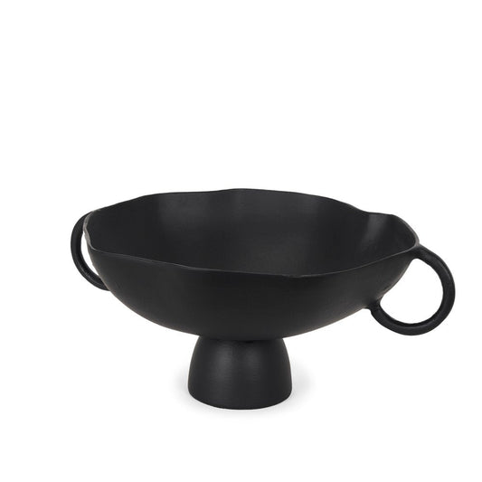 16" Black Metal Wavy Edge Round Pedestal Centerpiece Bowl With Handles HomeRoots