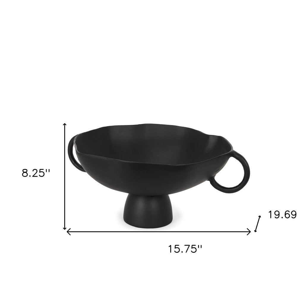 16" Black Metal Wavy Edge Round Pedestal Centerpiece Bowl With Handles HomeRoots