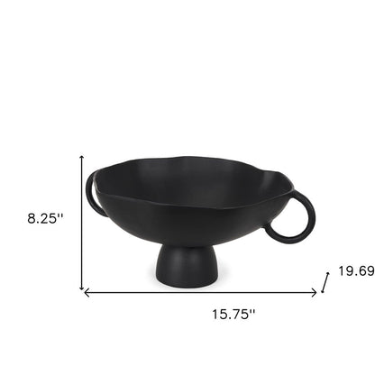 16" Black Metal Wavy Edge Round Pedestal Centerpiece Bowl With Handles HomeRoots