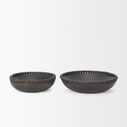 Set of Two Black Solid Wood Beaded Edge Round Centerpiece Bowls HomeRoots