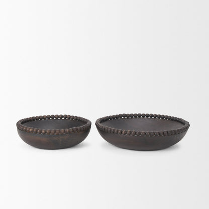 Set of Two Black Solid Wood Beaded Edge Round Centerpiece Bowls HomeRoots