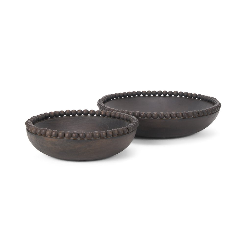 Set of Two Black Solid Wood Beaded Edge Round Centerpiece Bowls HomeRoots