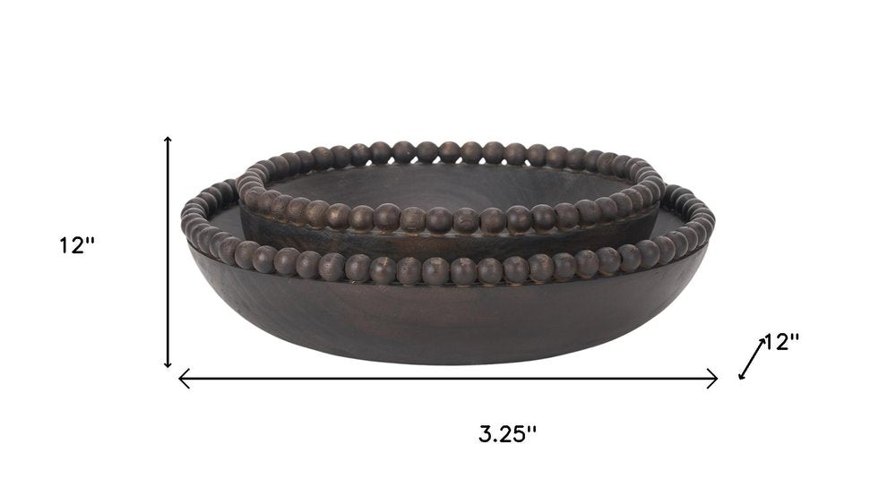 Set of Two Black Solid Wood Beaded Edge Round Centerpiece Bowls HomeRoots