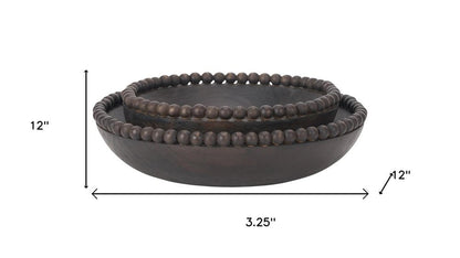 Set of Two Black Solid Wood Beaded Edge Round Centerpiece Bowls HomeRoots