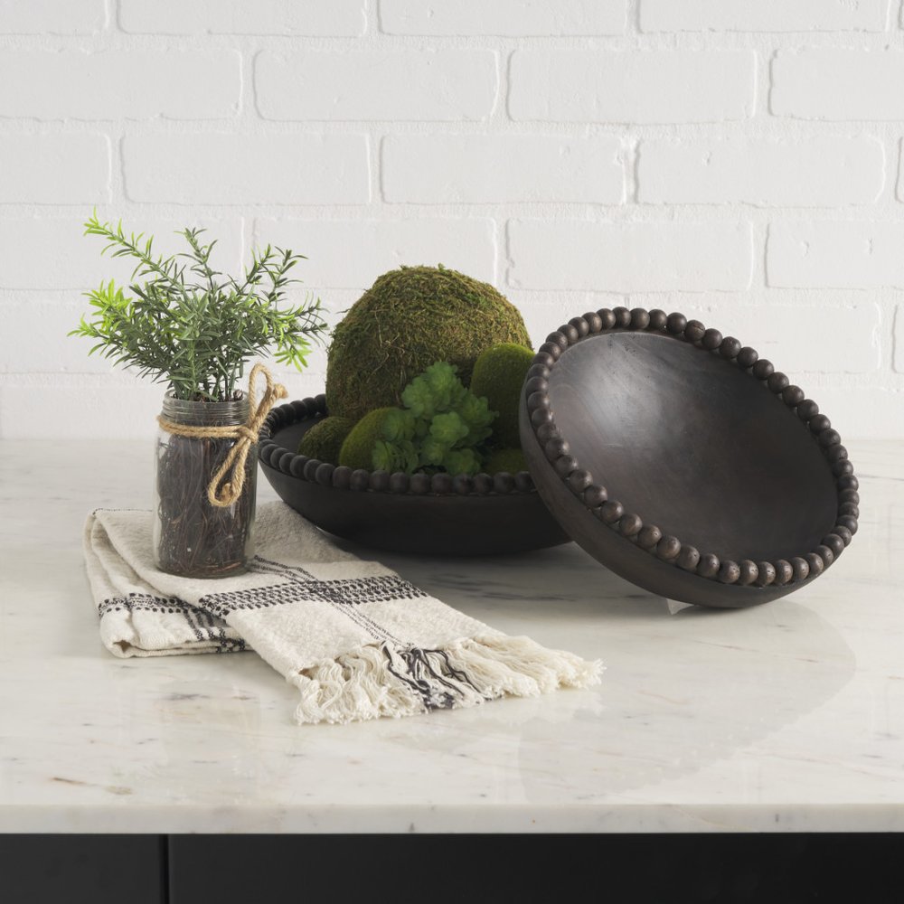 Set of Two Black Solid Wood Beaded Edge Round Centerpiece Bowls HomeRoots