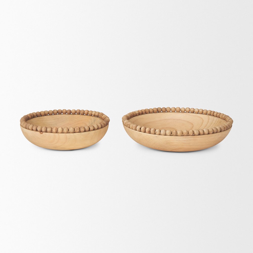 Set of Two Brown Solid Wood Beaded Edge Round Centerpiece Bowl HomeRoots