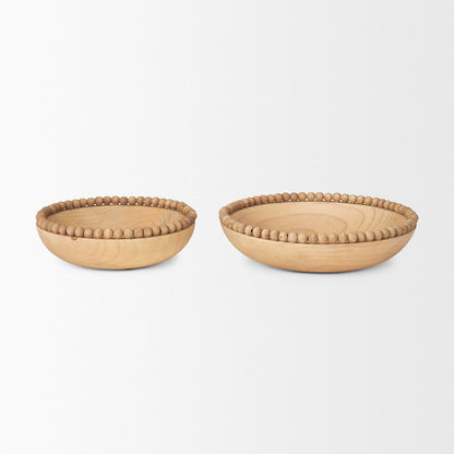 Set of Two Brown Solid Wood Beaded Edge Round Centerpiece Bowl HomeRoots