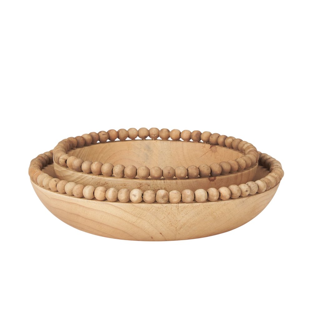 Set of Two Brown Solid Wood Beaded Edge Round Centerpiece Bowl HomeRoots