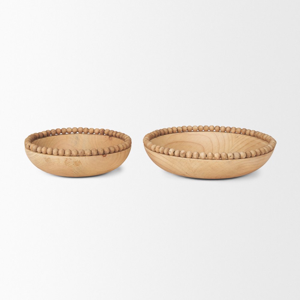 Set of Two Brown Solid Wood Beaded Edge Round Centerpiece Bowl HomeRoots