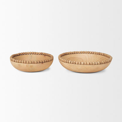 Set of Two Brown Solid Wood Beaded Edge Round Centerpiece Bowl HomeRoots