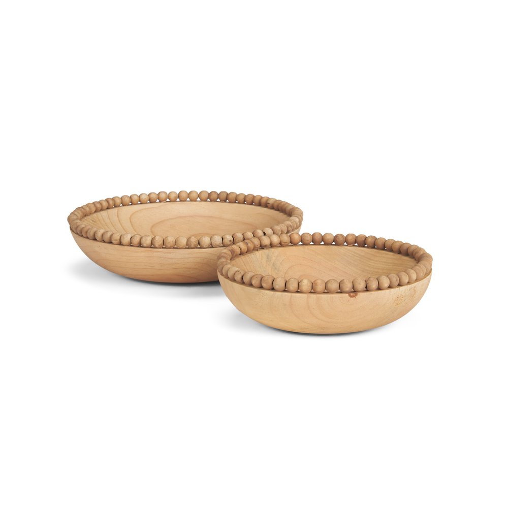 Set of Two Brown Solid Wood Beaded Edge Round Centerpiece Bowl HomeRoots