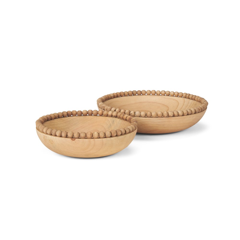 Set of Two Brown Solid Wood Beaded Edge Round Centerpiece Bowl HomeRoots