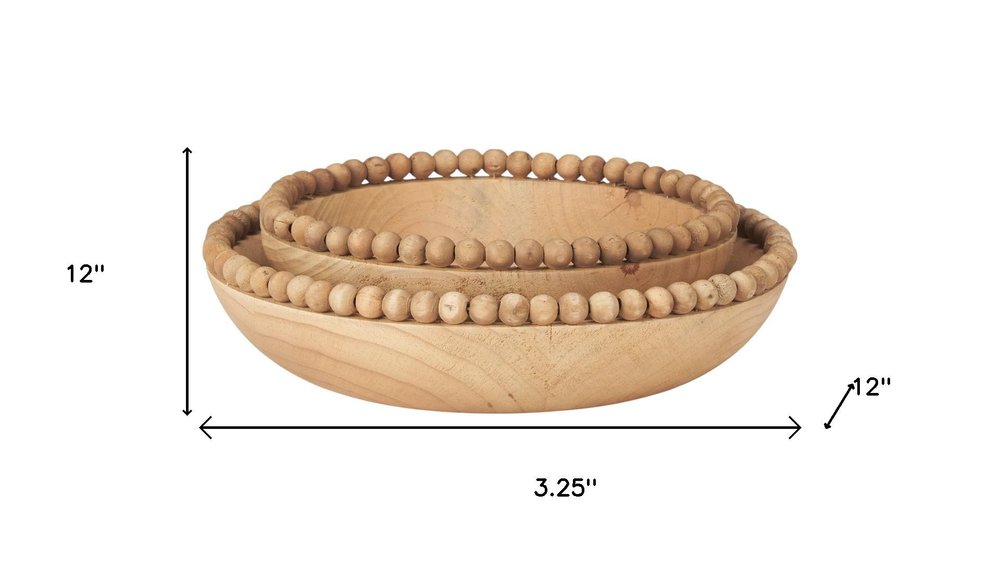 Set of Two Brown Solid Wood Beaded Edge Round Centerpiece Bowl HomeRoots