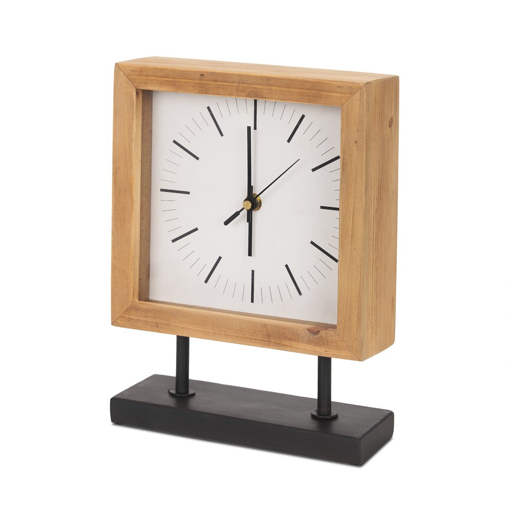 11" Natural And Black Solid Wood And Metal Square Table Clock HomeRoots