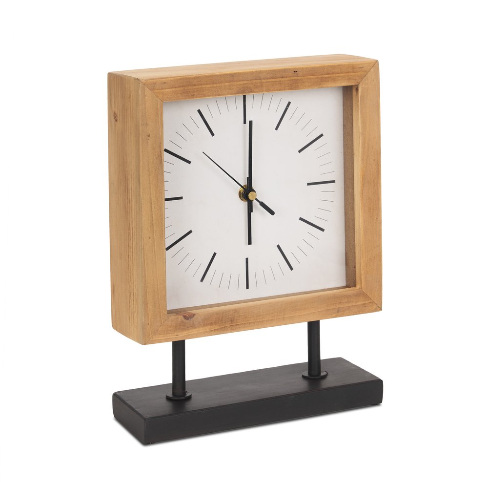 11" Natural And Black Solid Wood And Metal Square Table Clock HomeRoots