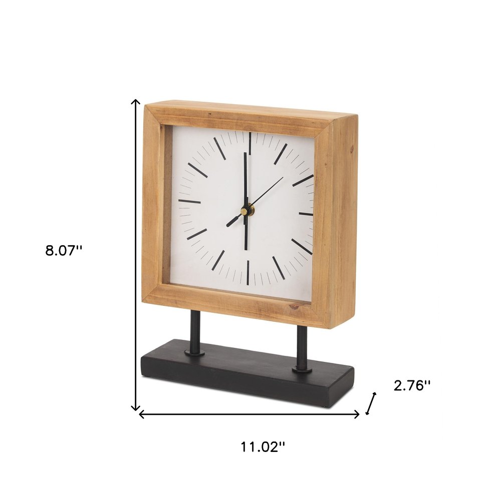 11" Natural And Black Solid Wood And Metal Square Table Clock HomeRoots