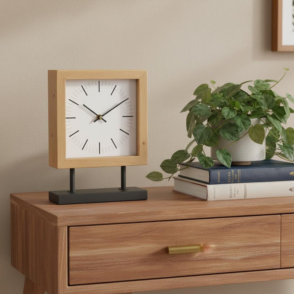 11" Natural And Black Solid Wood And Metal Square Table Clock HomeRoots