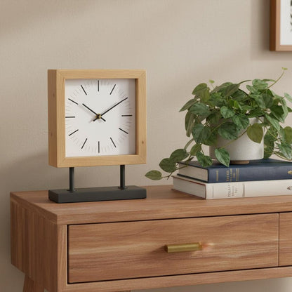11" Natural And Black Solid Wood And Metal Square Table Clock HomeRoots