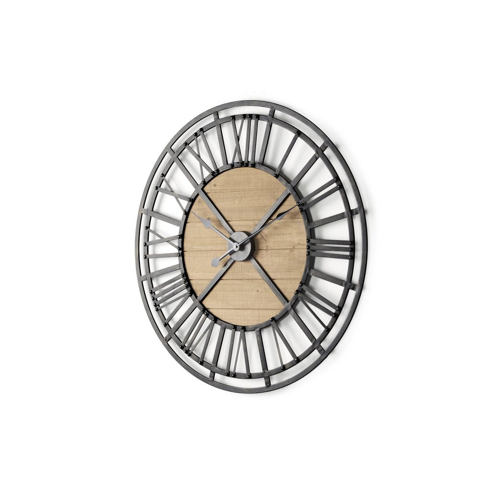 30" Black And Natural Iron And Wood Analog Round Wall Clock — view 1