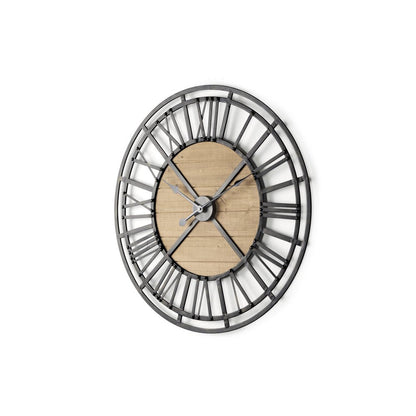 30" Black And Natural Iron And Wood Analog Round Wall Clock