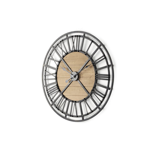 30" Black And Natural Iron And Wood Analog Round Wall Clock