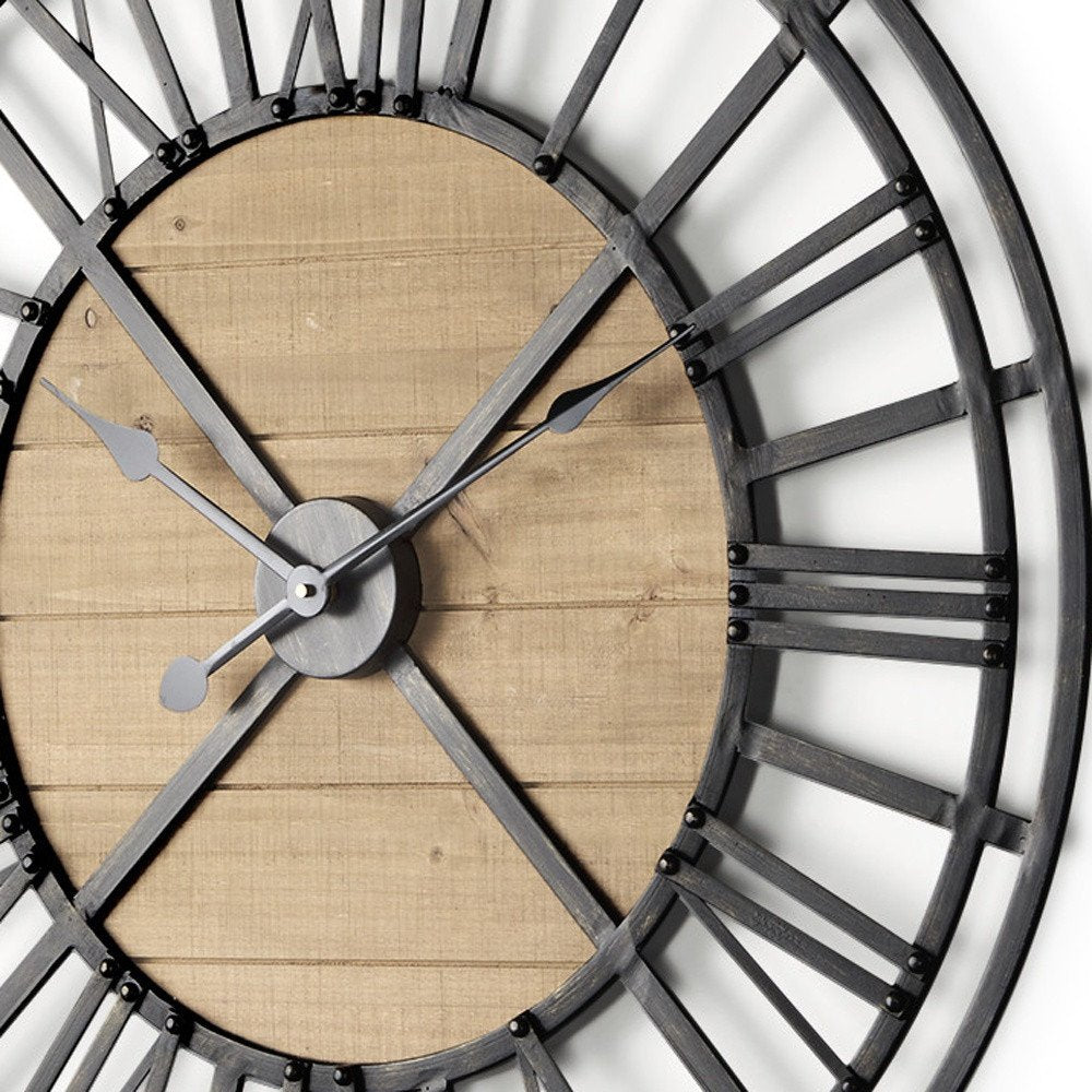 30" Black And Natural Iron And Wood Analog Round Wall Clock — view 2
