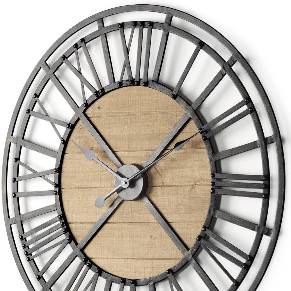 30" Black And Natural Iron And Wood Analog Round Wall Clock HomeRoots