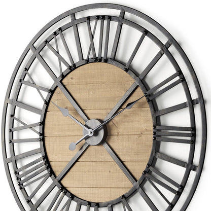 30" Black And Natural Iron And Wood Analog Round Wall Clock HomeRoots