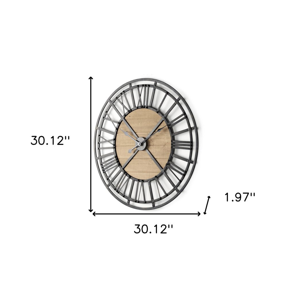 30" Black And Natural Iron And Wood Analog Round Wall Clock HomeRoots