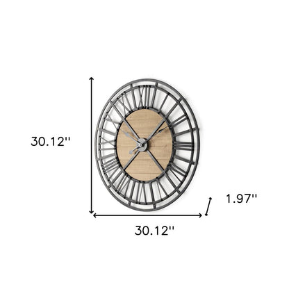 30" Black And Natural Iron And Wood Analog Round Wall Clock