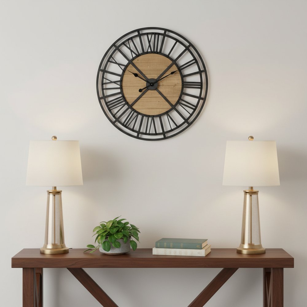 30" Black And Natural Iron And Wood Analog Round Wall Clock — view 5