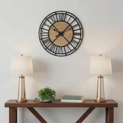 30" Black And Natural Iron And Wood Analog Round Wall Clock