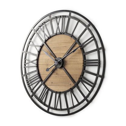 42" Black And Natural Iron And Wood Analog Round Wall Clock