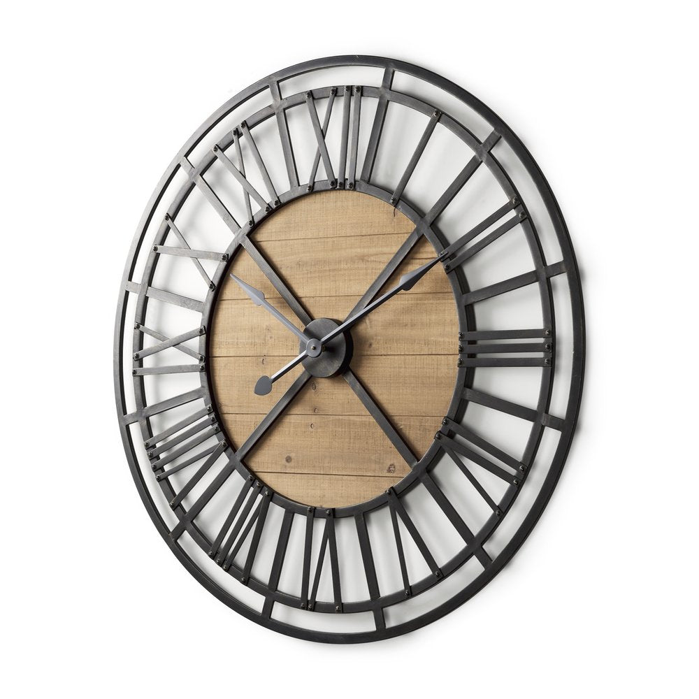 42" Black And Natural Iron And Wood Analog Round Wall Clock — view 1