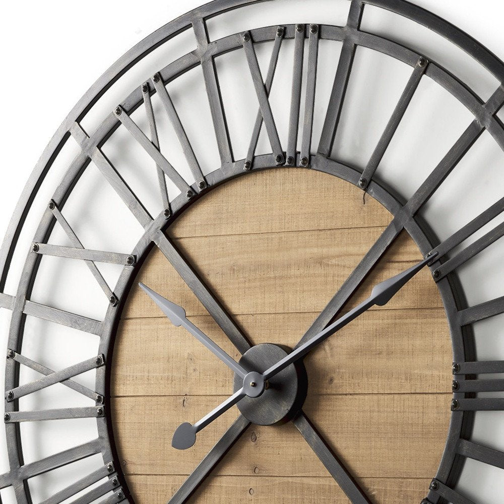 42" Black And Natural Iron And Wood Analog Round Wall Clock HomeRoots