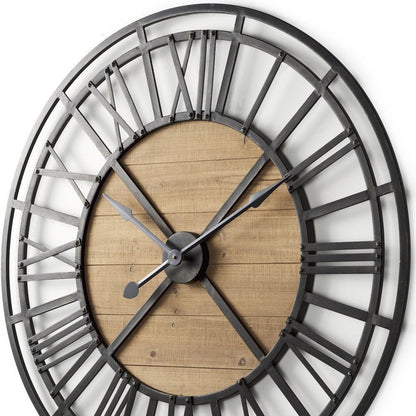 42" Black And Natural Iron And Wood Analog Round Wall Clock HomeRoots