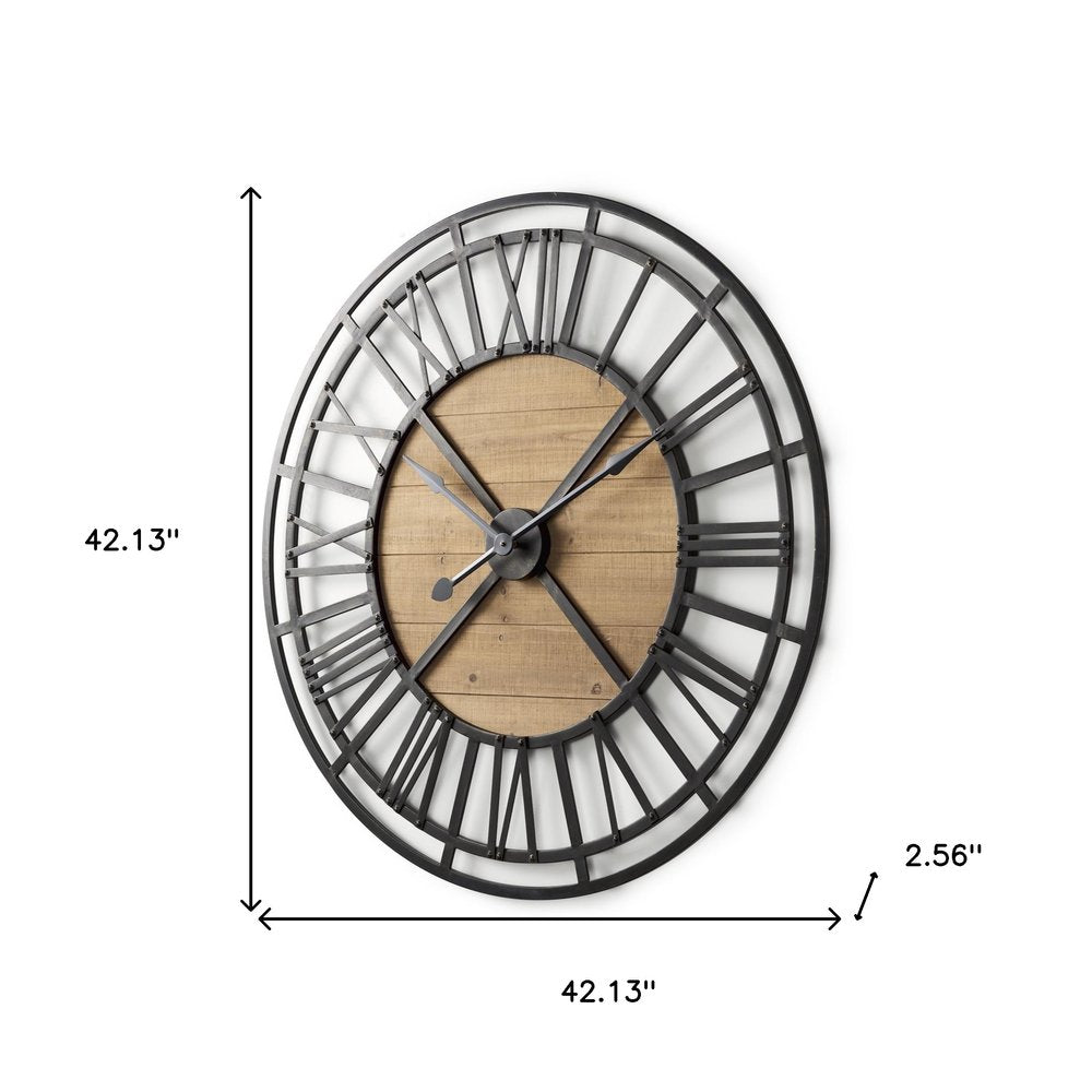 42" Black And Natural Iron And Wood Analog Round Wall Clock — view 4