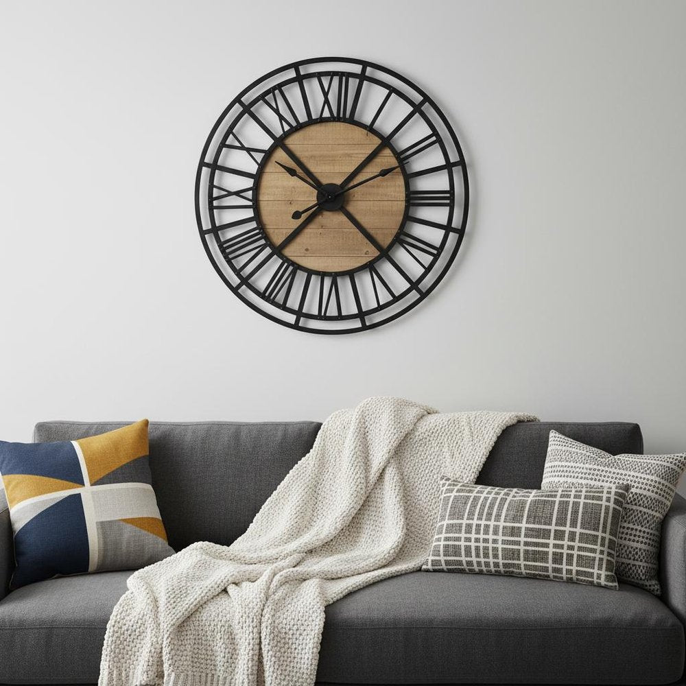 42" Black And Natural Iron And Wood Analog Round Wall Clock HomeRoots