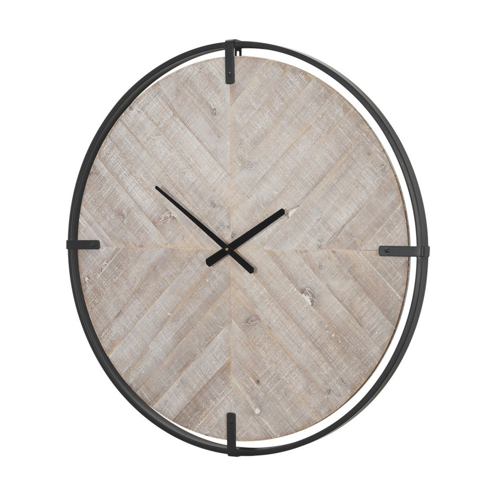 33" Black And Natural Metal And Solid Wood Analog Distressed Round Wall Clock HomeRoots
