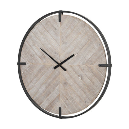 33" Black And Natural Metal And Solid Wood Analog Distressed Round Wall Clock HomeRoots
