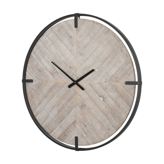 33" Black And Natural Metal And Solid Wood Analog Distressed Round Wall Clock HomeRoots
