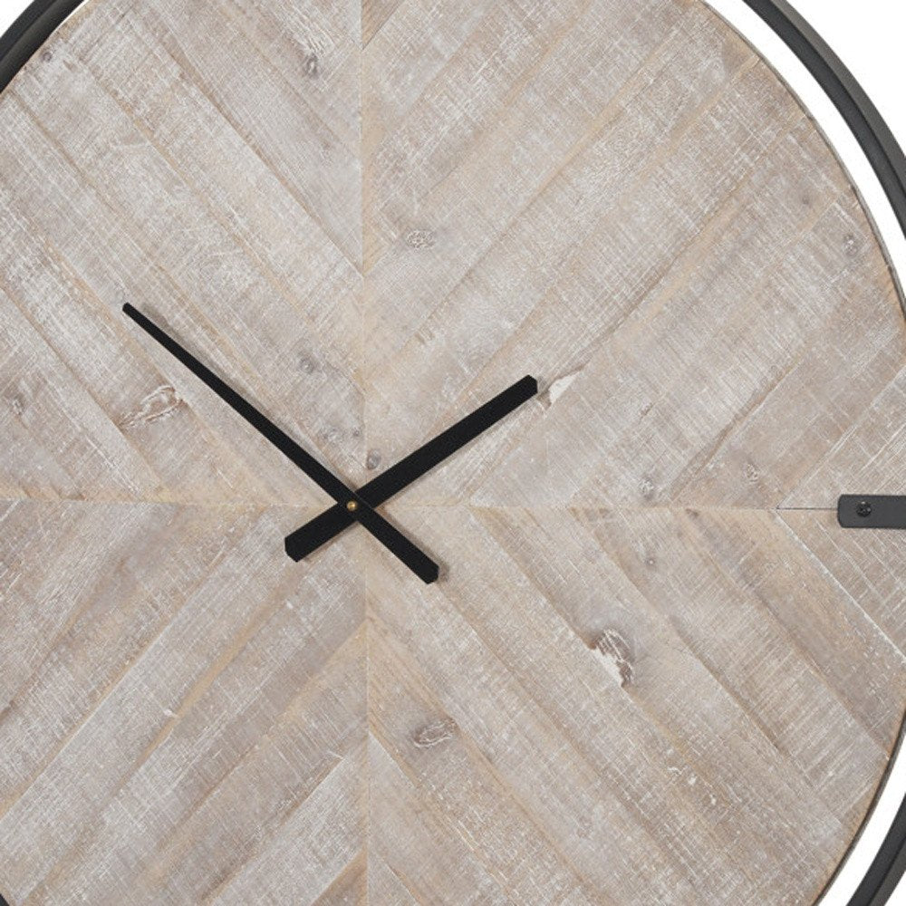 33" Black And Natural Metal And Solid Wood Analog Distressed Round Wall Clock — view 2