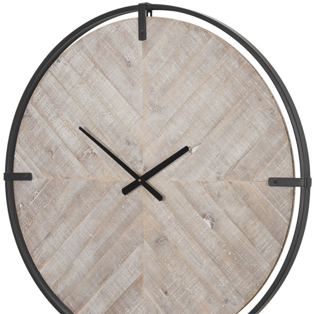33" Black And Natural Metal And Solid Wood Analog Distressed Round Wall Clock — view 3