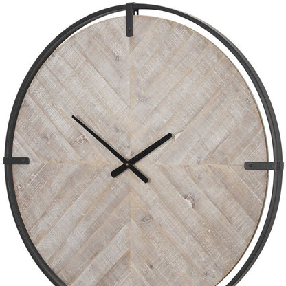33" Black And Natural Metal And Solid Wood Analog Distressed Round Wall Clock