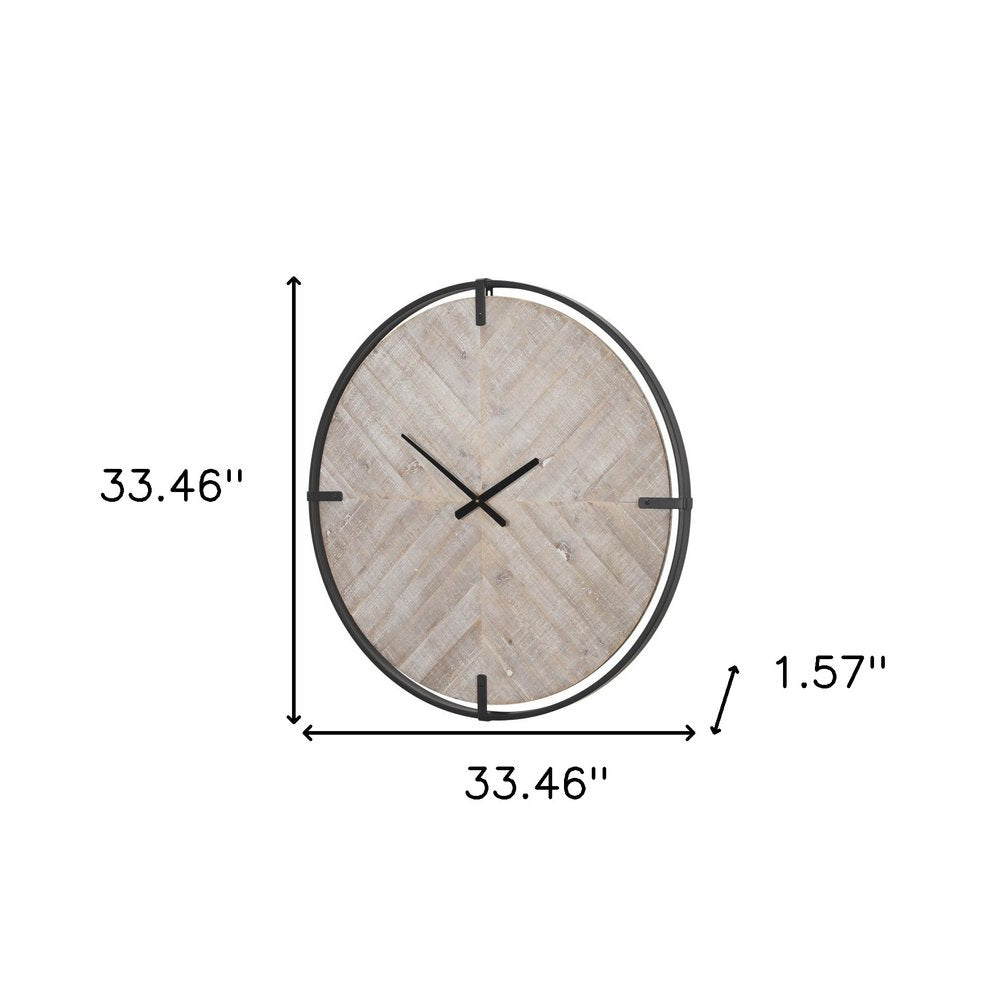 33" Black And Natural Metal And Solid Wood Analog Distressed Round Wall Clock — view 4