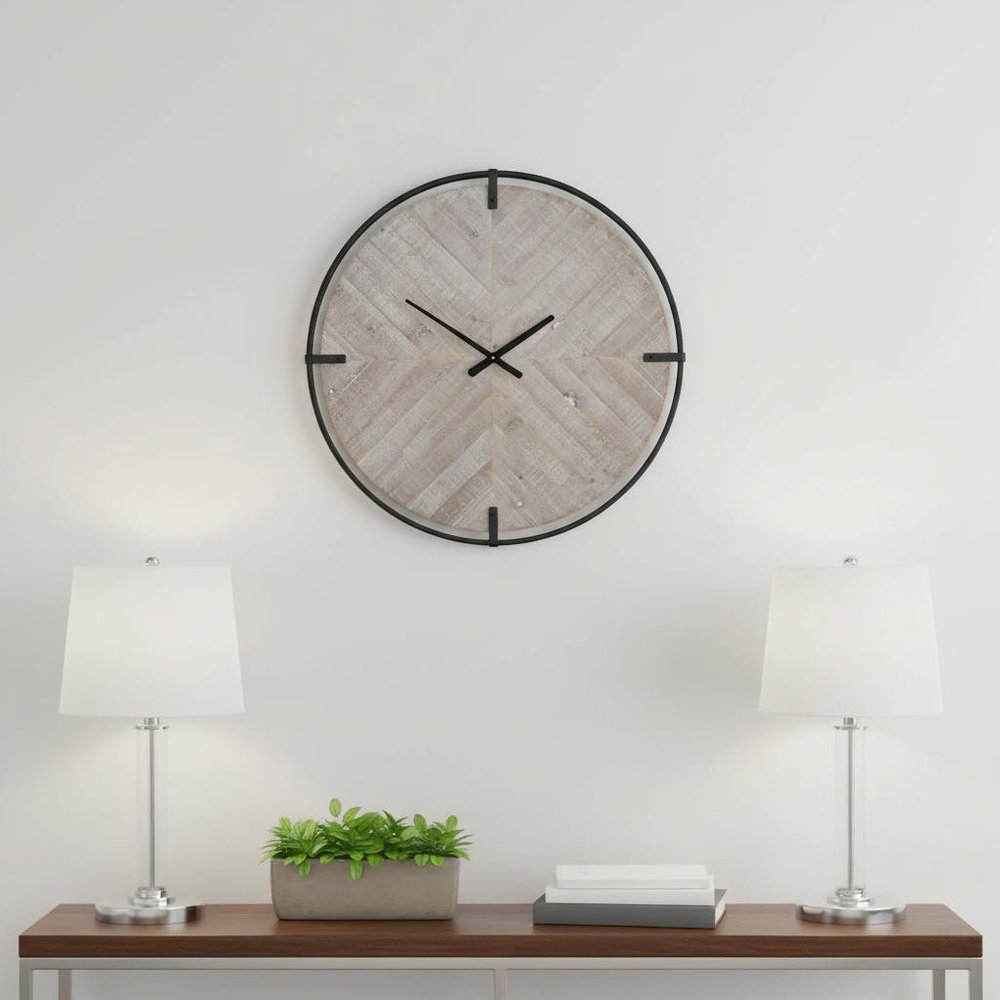 33" Black And Natural Metal And Solid Wood Analog Distressed Round Wall Clock — view 5