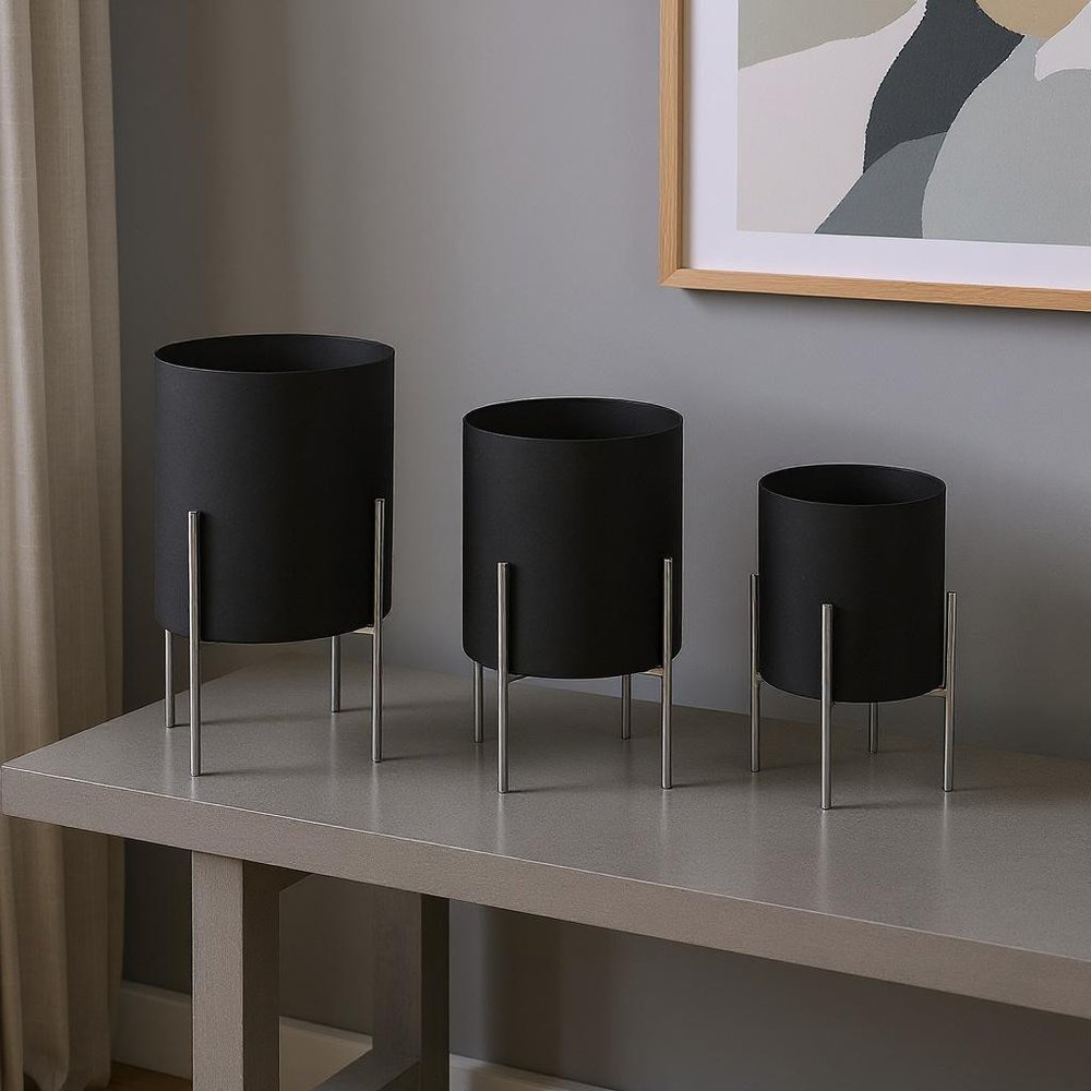 Set of Two Black Metal 20 Ounce Round Pot Planters — view 9
