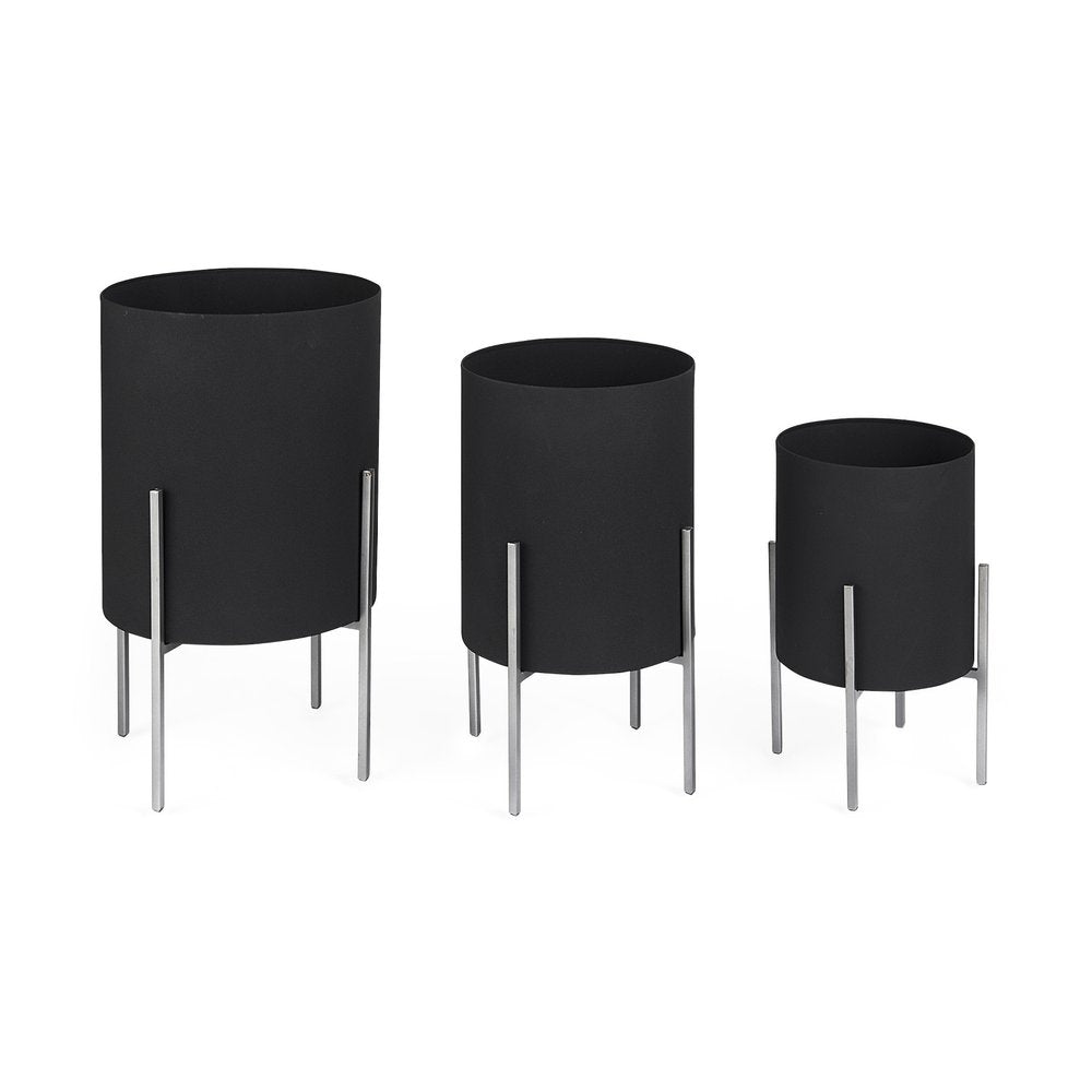 Set of Two Black Metal 20 Ounce Round Pot Planters — view 2