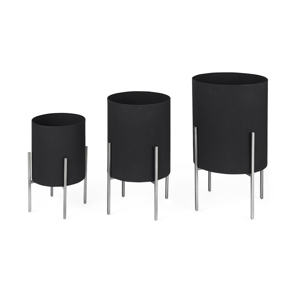 Set of Two Black Metal 20 Ounce Round Pot Planters — view 3